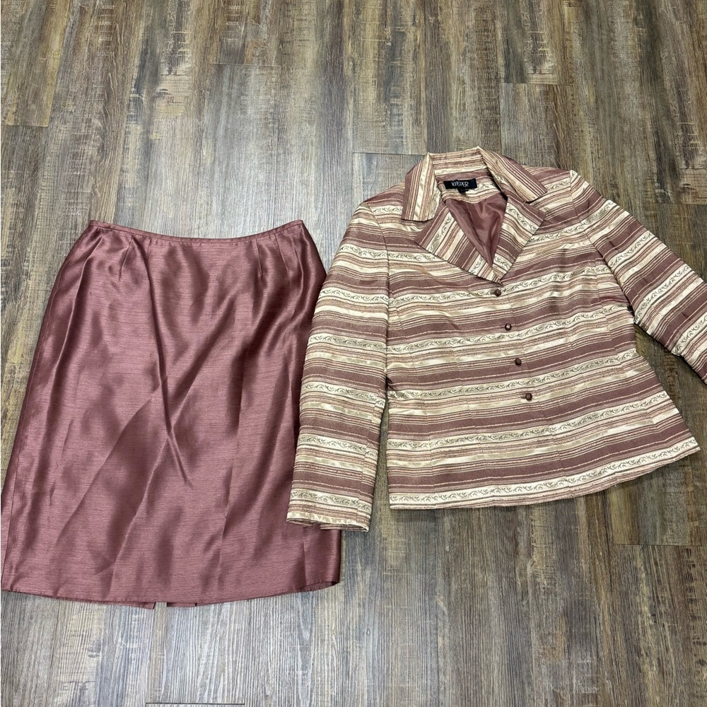 Kasper Ladies Skirt Suit Set Striped Brown Gold‎ Green Professional First Lady